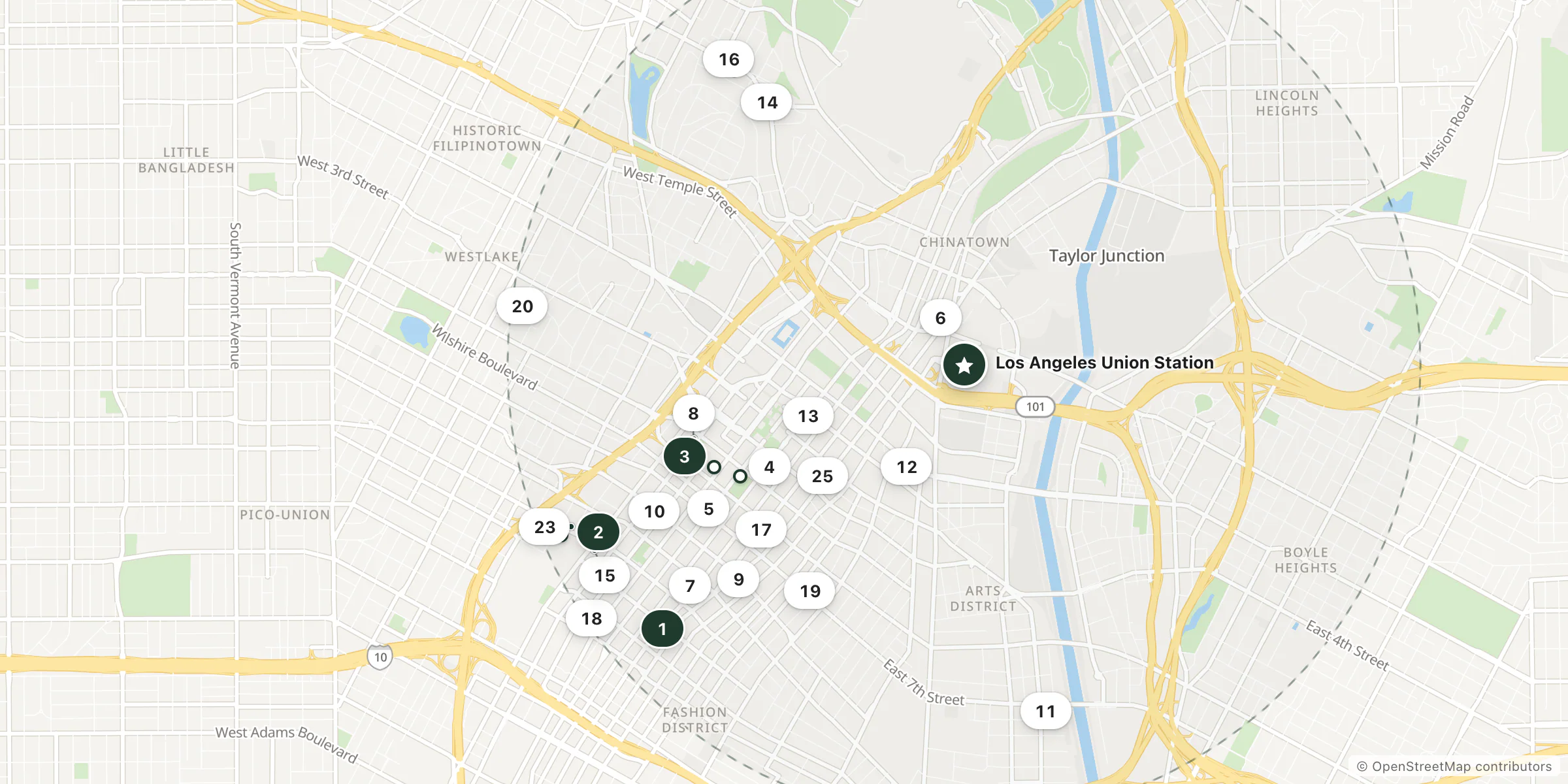 Map of hotels near Los Angeles Union Station
