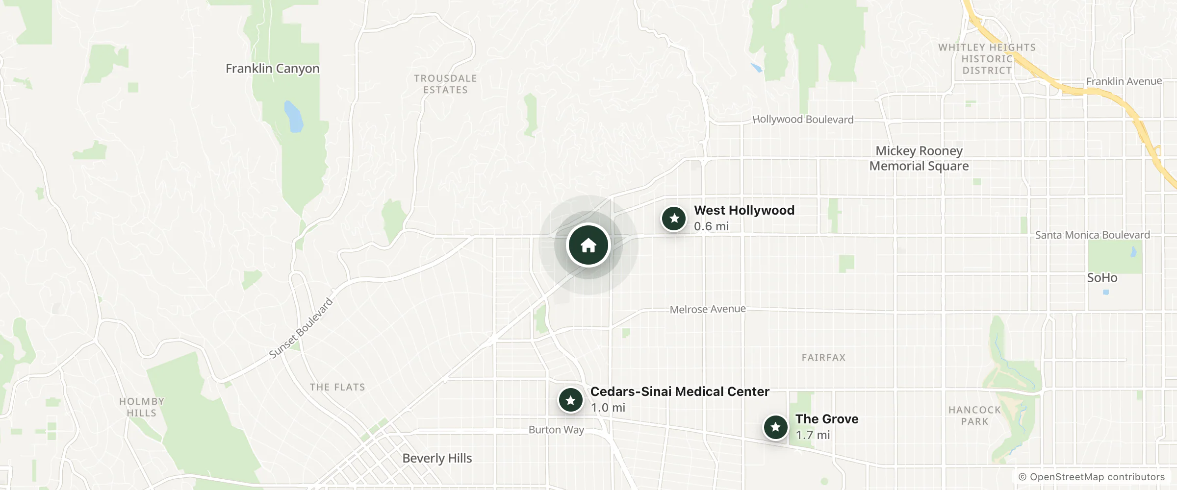 Map of Chamberlain West Hollywood Hotel and nearby West Hollywood, Cedars-Sinai Medical Center and The Grove