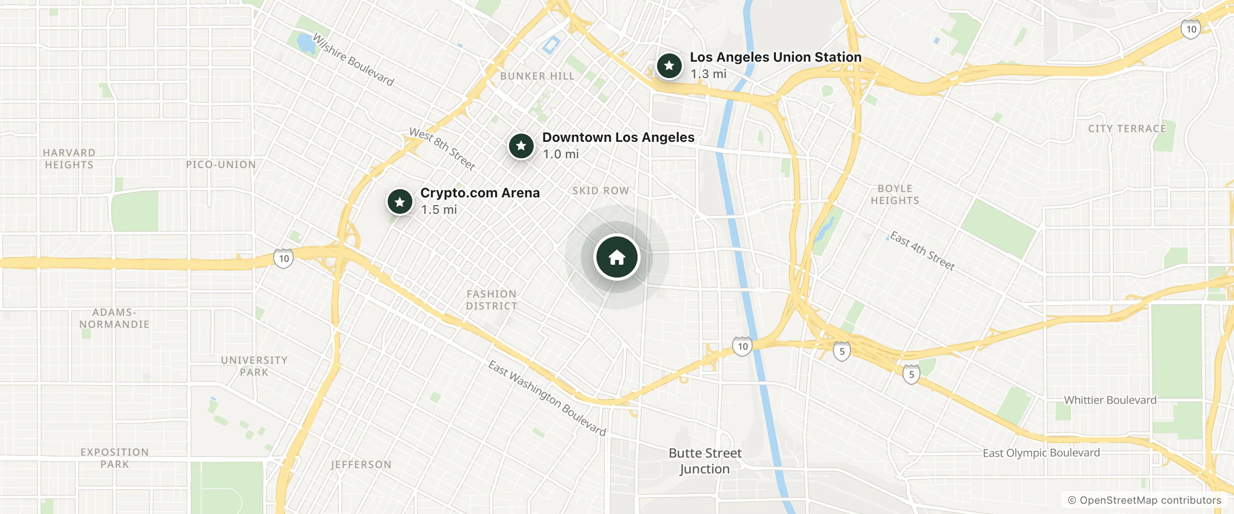 Map of Olympia Hotel and nearby Downtown Los Angeles, Los Angeles Union Station and Crypto.com Arena