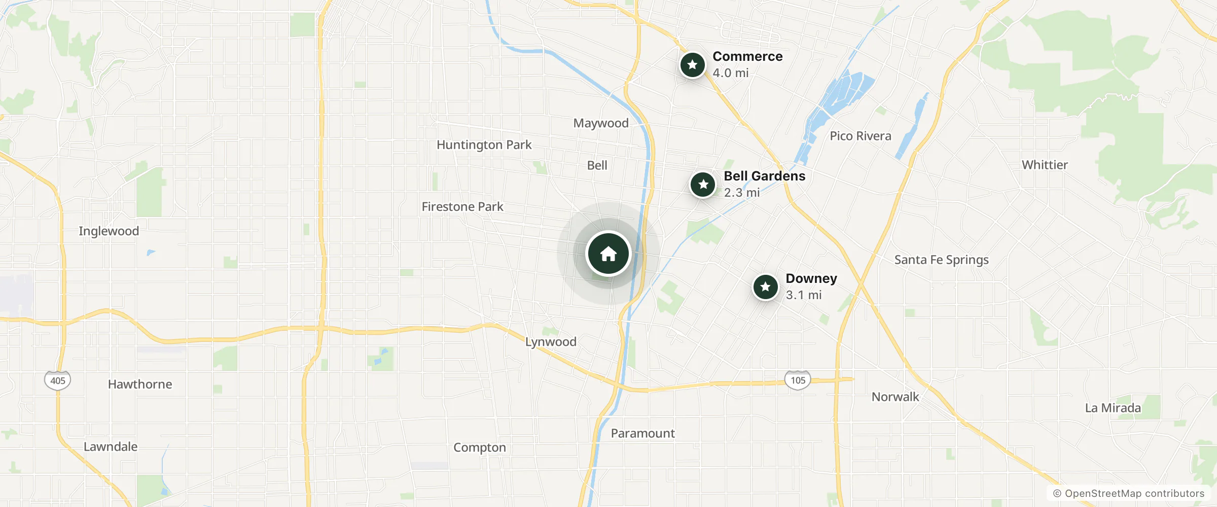 Map of Villa Motel and nearby Bell Gardens, Downey and Commerce