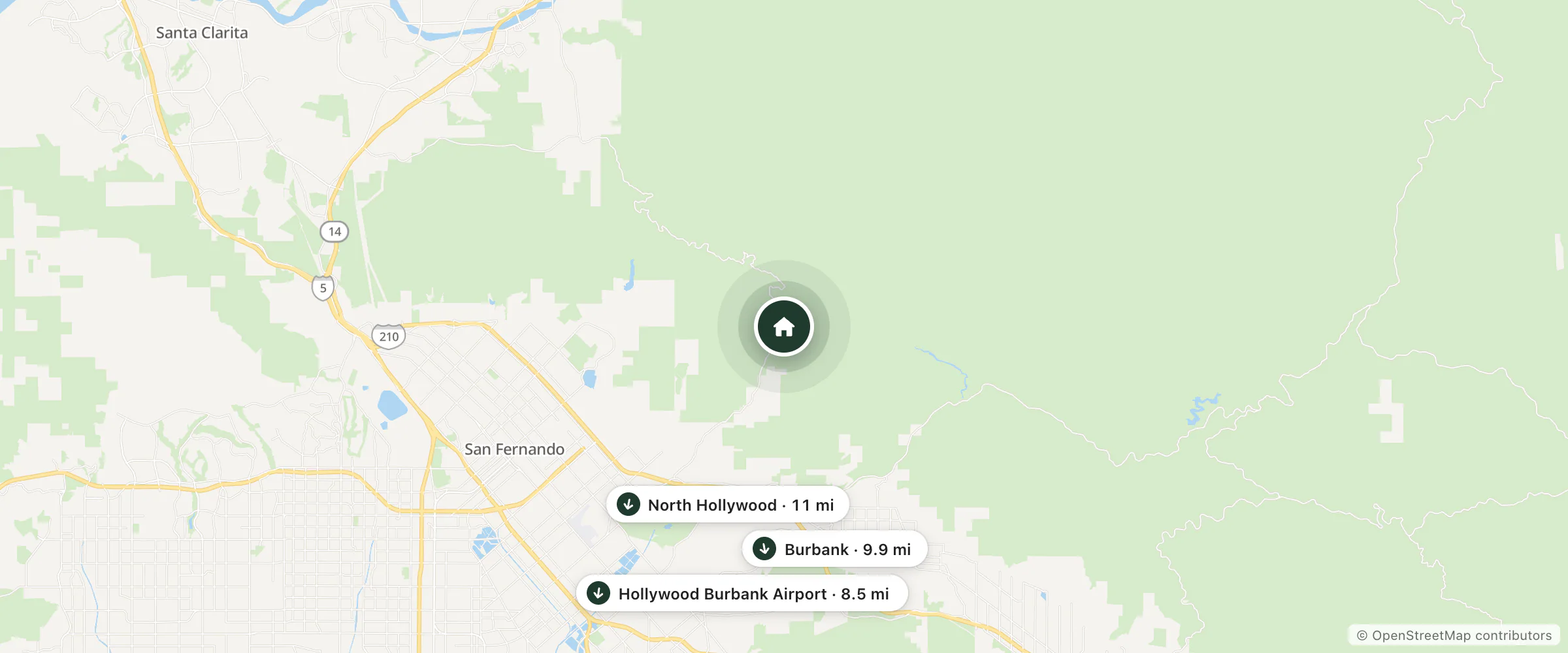 Map of Indian Springs Ranch and nearby Hollywood Burbank Airport, Burbank and North Hollywood
