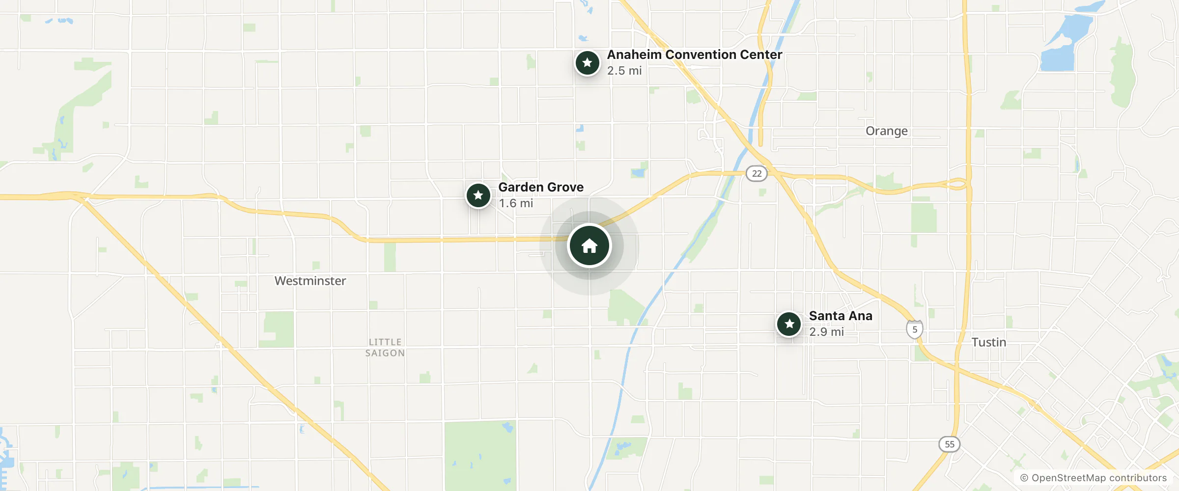 Map of Home2 Suites by Hilton Garden Grove Anaheim and nearby Garden Grove, Anaheim Convention Center and Santa Ana