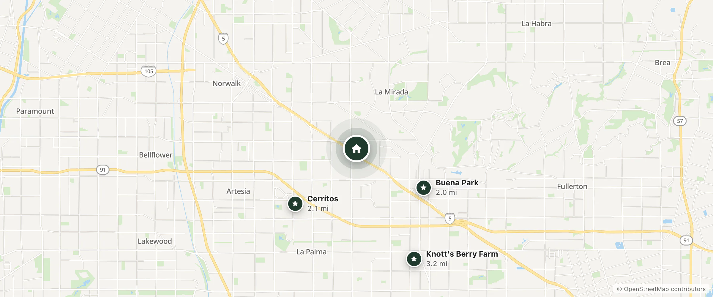 Map of Holiday Inn La Mirada and nearby Buena Park, Cerritos and Knott's Berry Farm