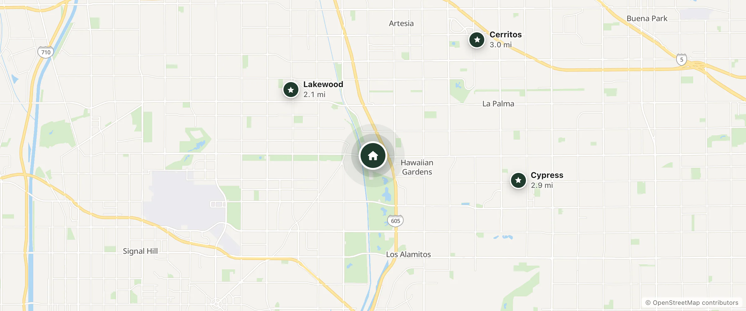 Map of Trade Winds Motel and nearby Lakewood, Cypress and Cerritos