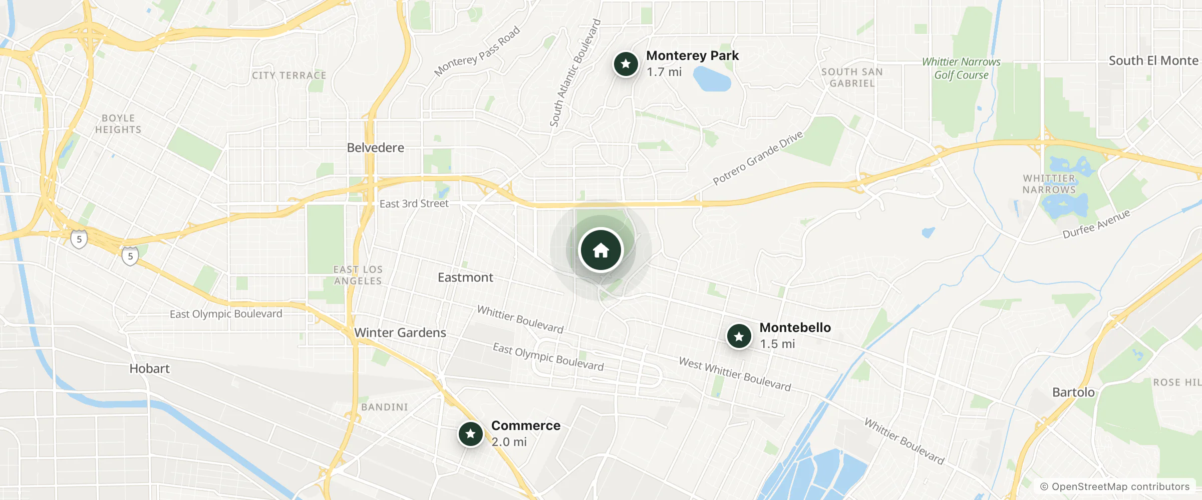 Map of Hilton Garden Inn and nearby Montebello, Monterey Park and Commerce