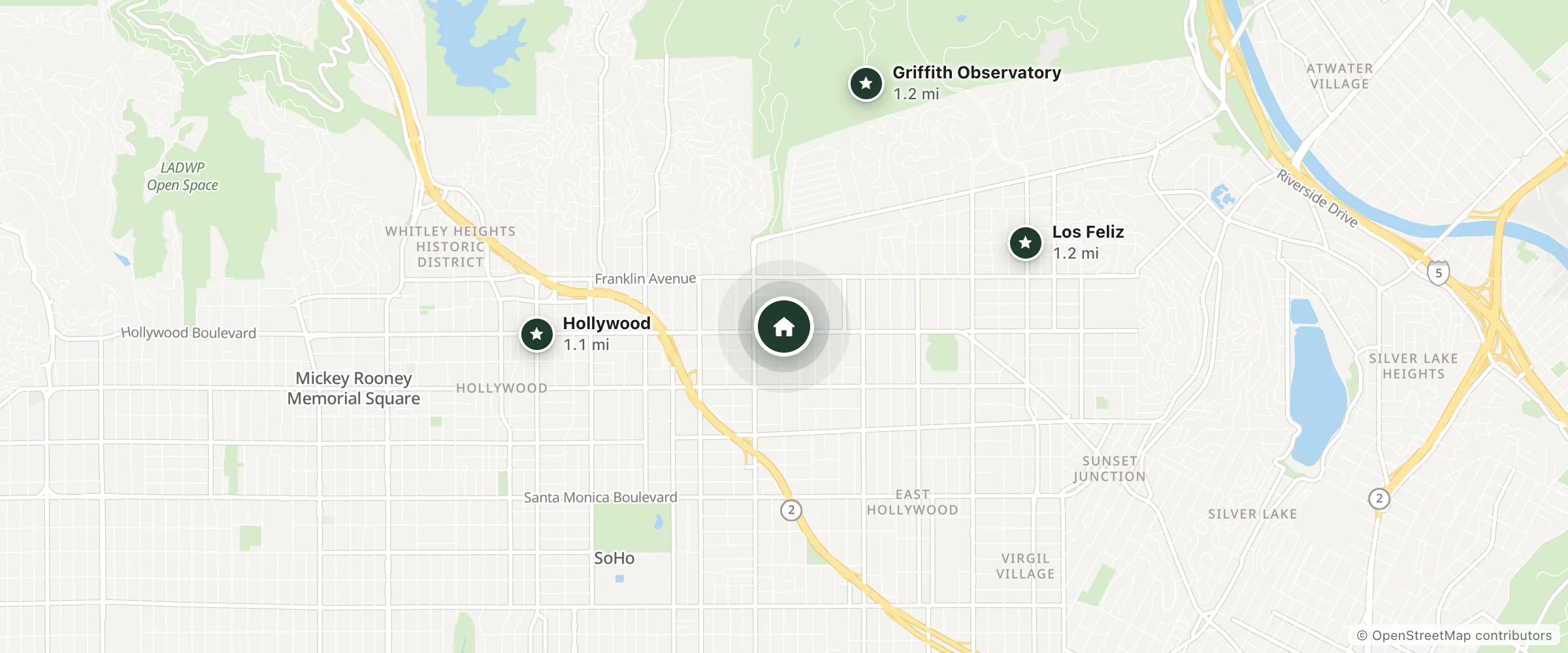 Map of Hollywood Premiere Motel and nearby Hollywood, Los Feliz and Griffith Observatory