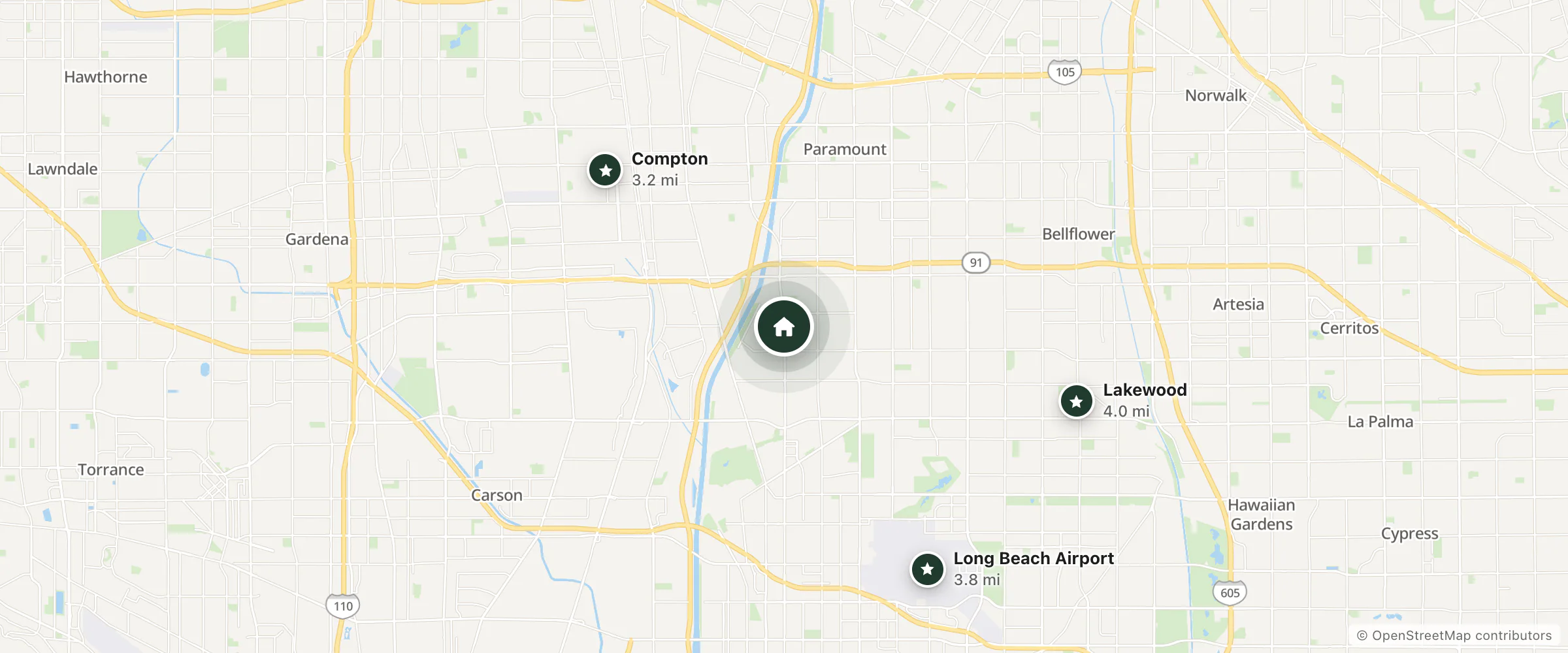 Map of Stallion Inn Motel and nearby Compton, Long Beach Airport and Lakewood
