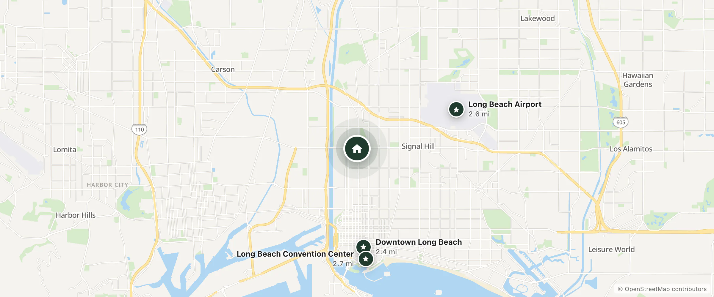Map of Pacifica Motel and nearby Downtown Long Beach, Long Beach Airport and Long Beach Convention Center