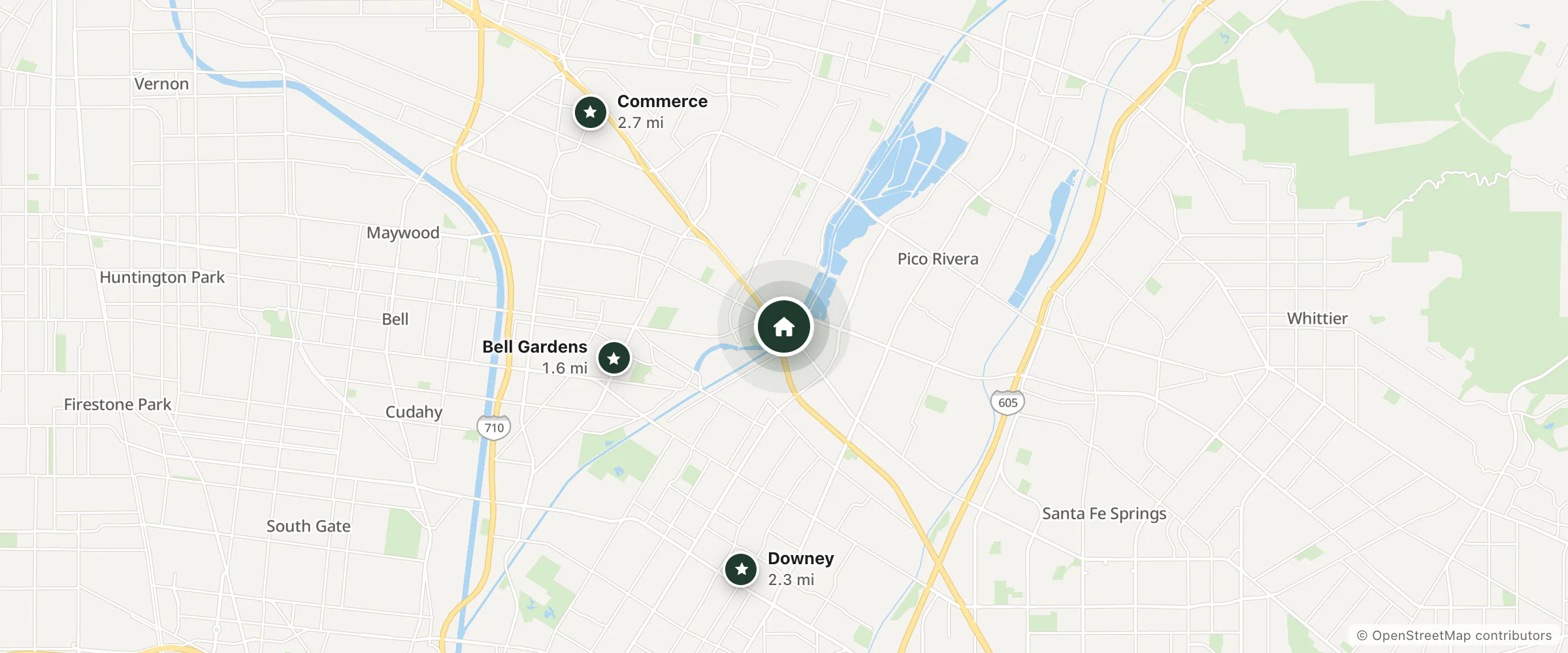 Map of Super 8 Commerce/LA Area and nearby Bell Gardens, Downey and Commerce