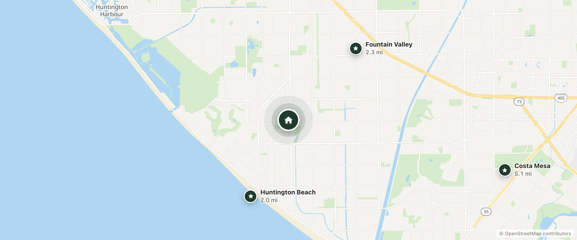 Map of Huntington Suites and nearby Huntington Beach, Fountain Valley and Costa Mesa
