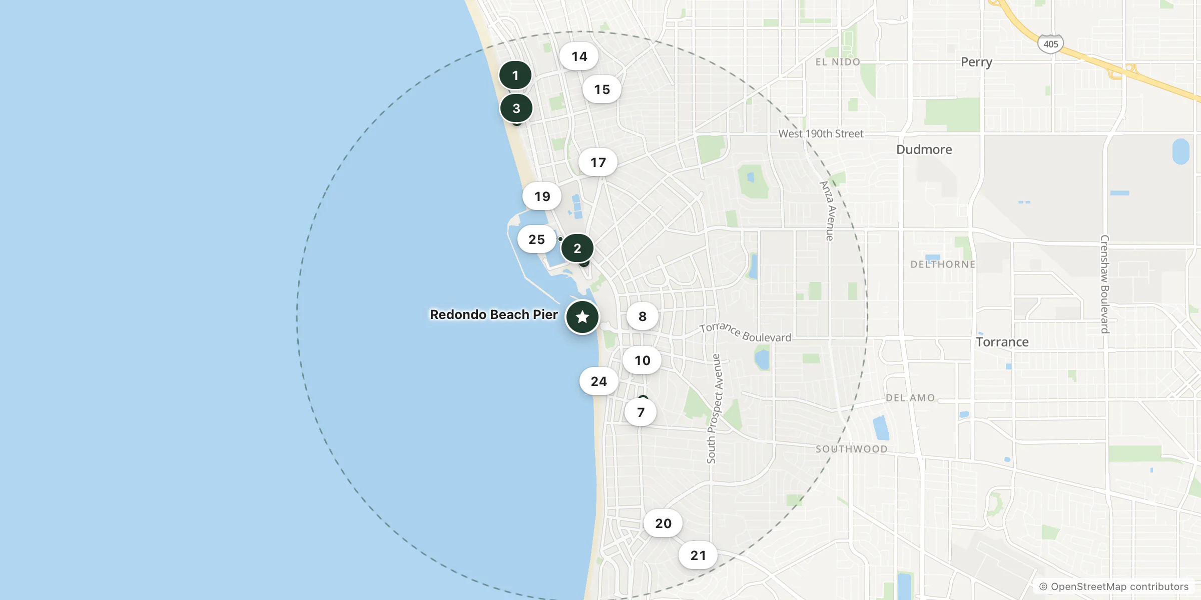 Map of hotels near Redondo Beach Pier