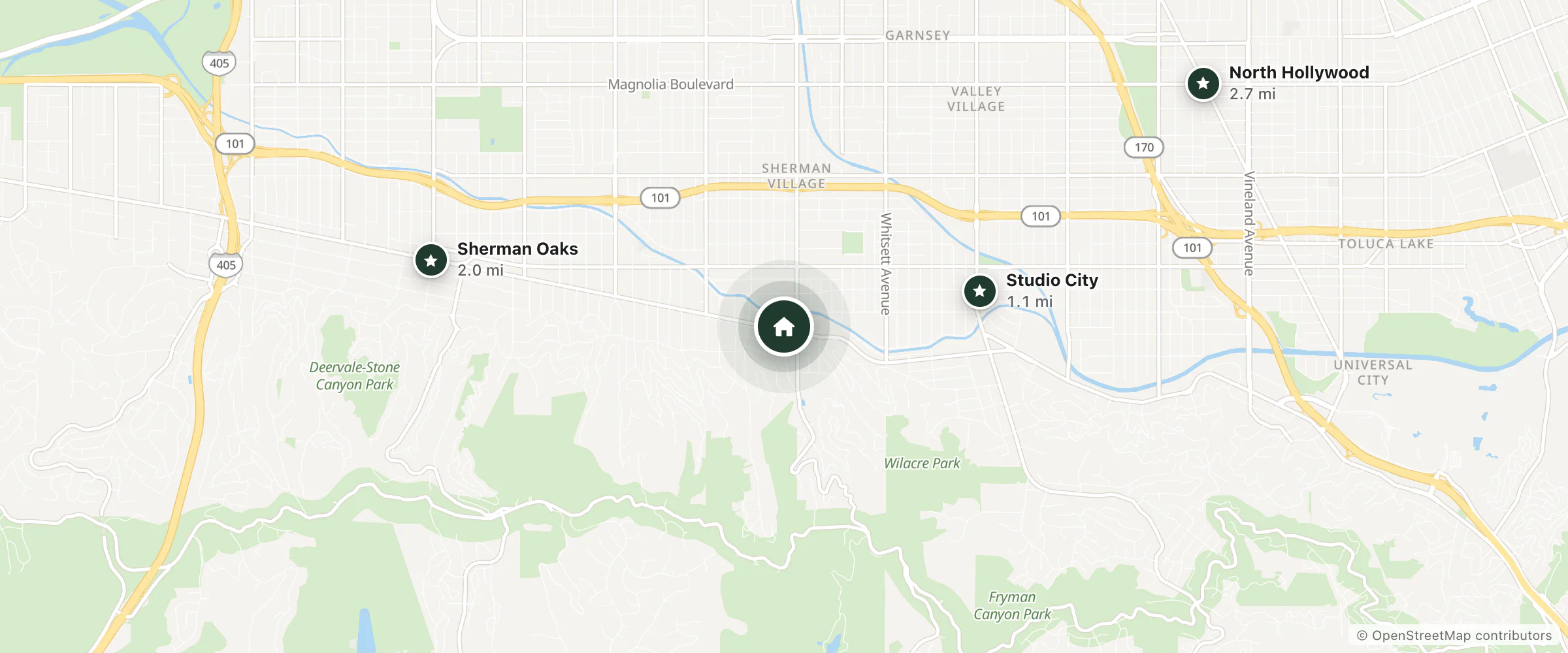 Map of Studio City Court Yard Hotel and nearby Studio City, Sherman Oaks and North Hollywood
