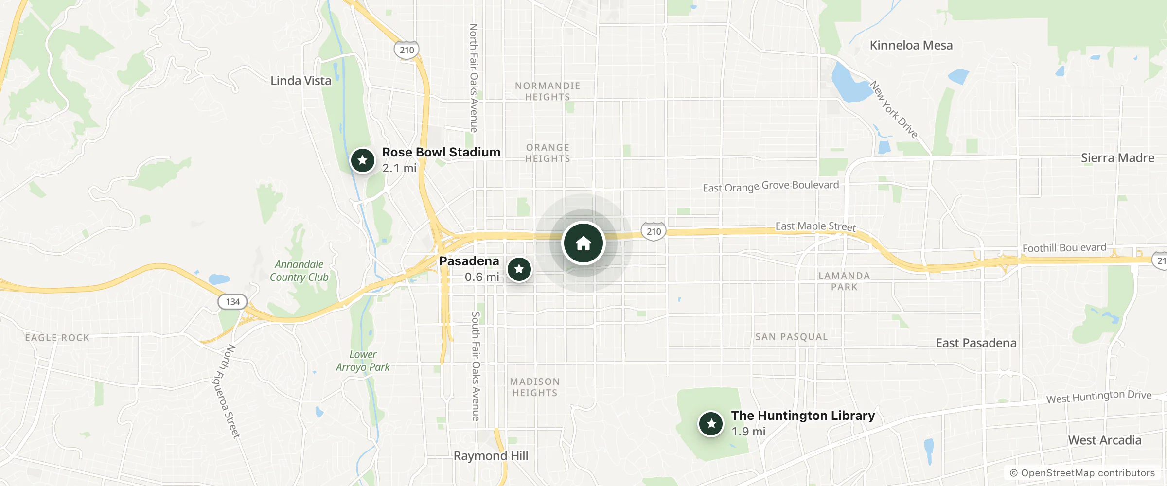 Map of Pasadena Gateway Villas and nearby Pasadena, The Huntington Library and Rose Bowl Stadium