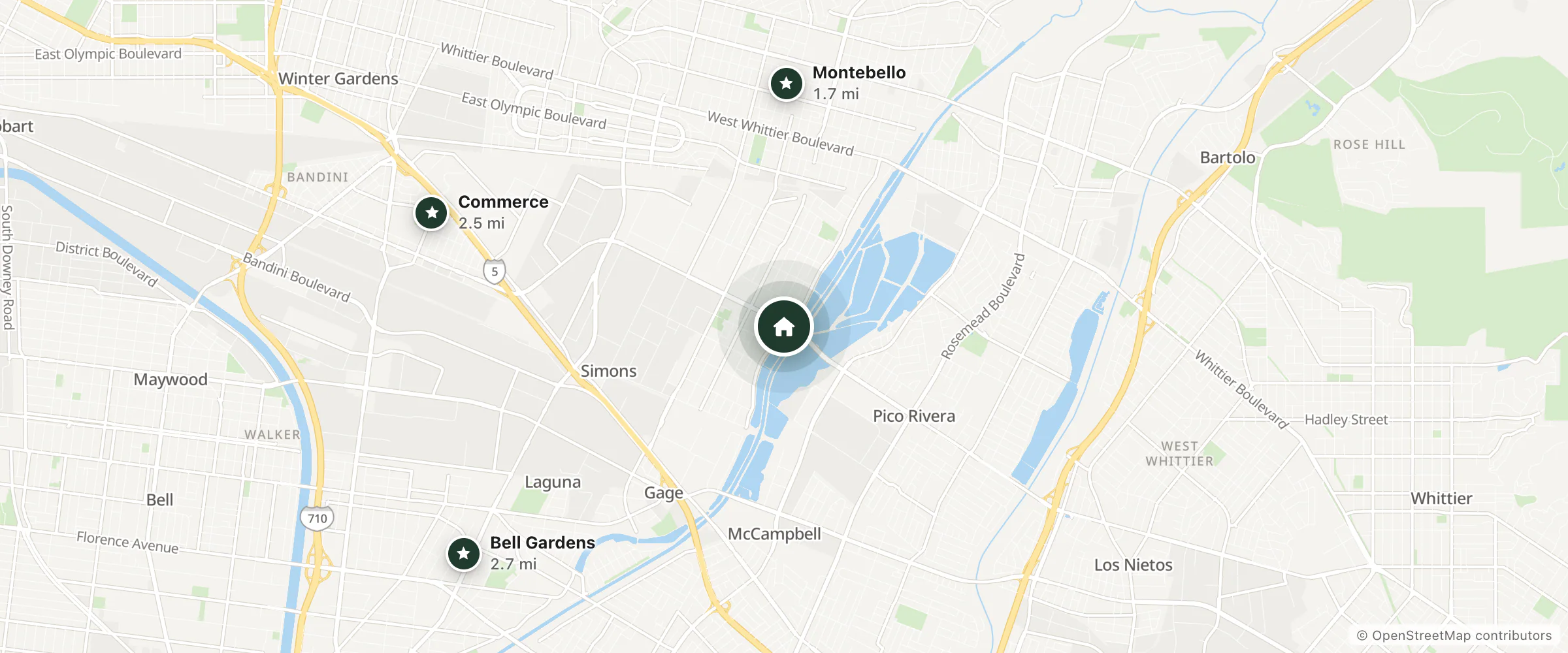 Map of Kings Motel and nearby Montebello, Commerce and Bell Gardens