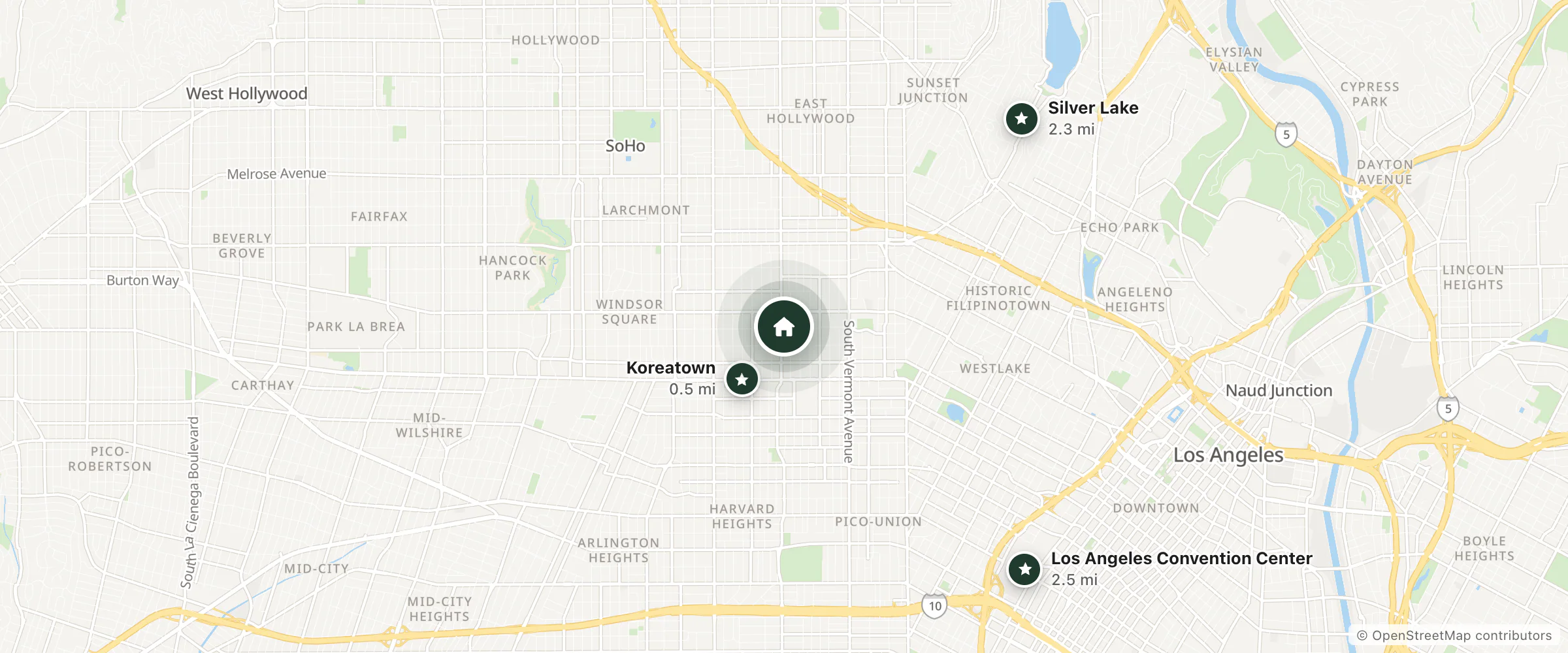 Map of Hometel and nearby Koreatown, Silver Lake and Los Angeles Convention Center