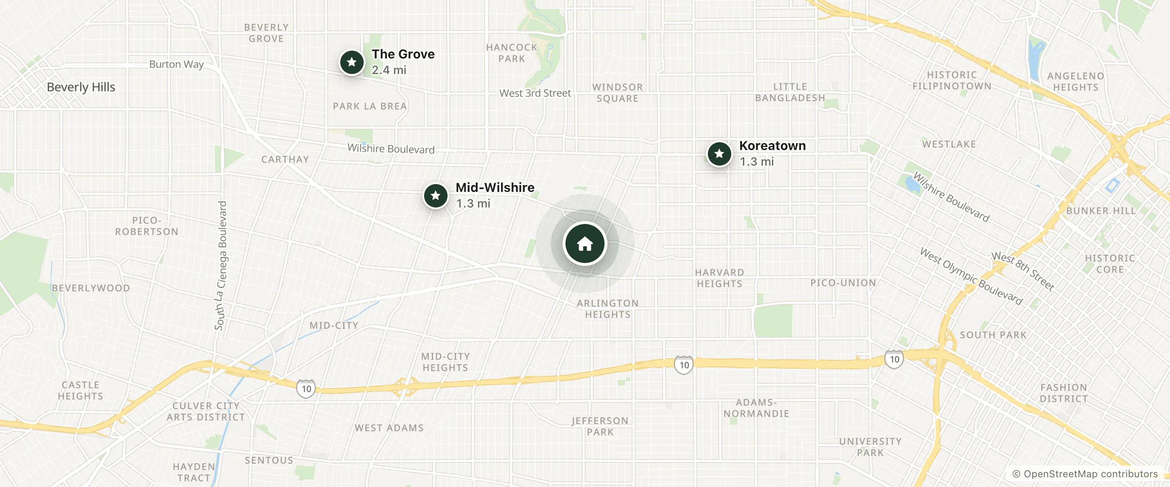 Map of Friendship Motor Inn and nearby Mid-Wilshire, Koreatown and The Grove