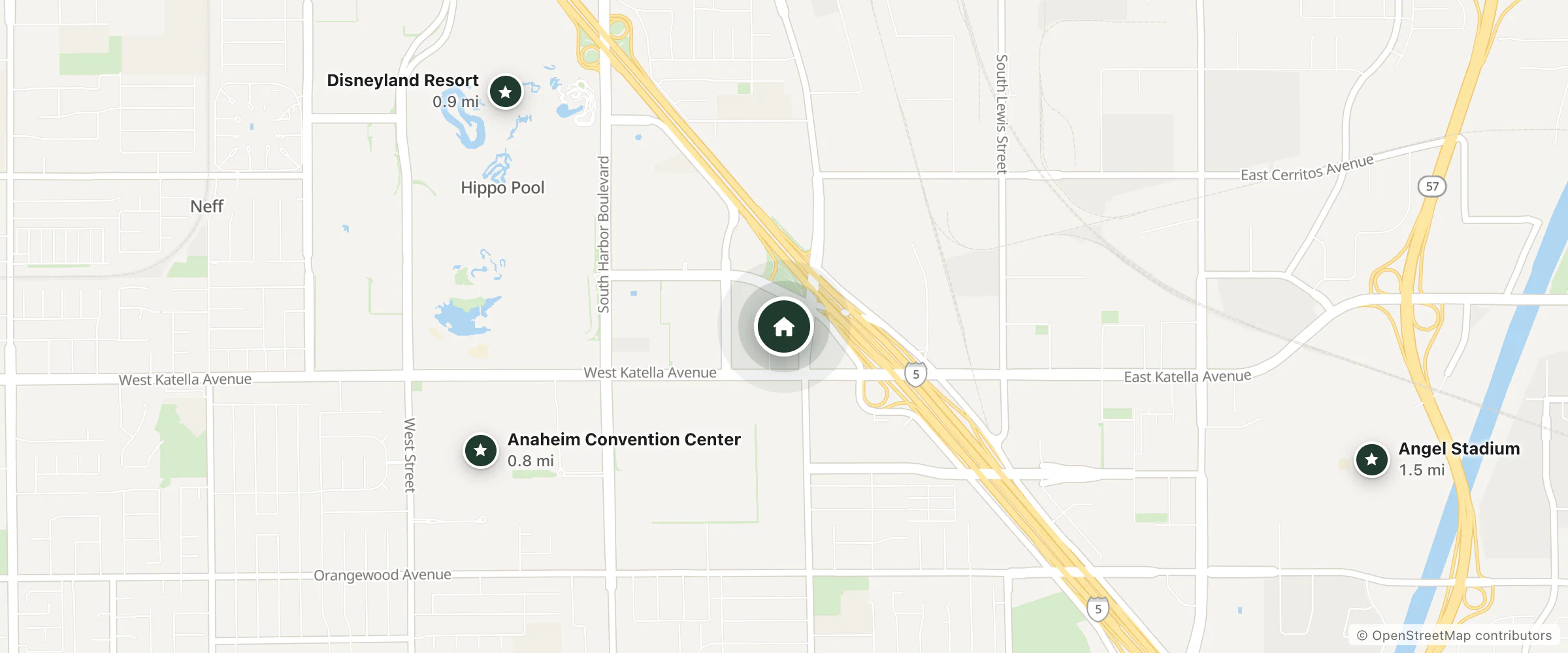 Map of Greenwood Suites Anaheim Resort and nearby Anaheim Convention Center, Disneyland Resort and Angel Stadium