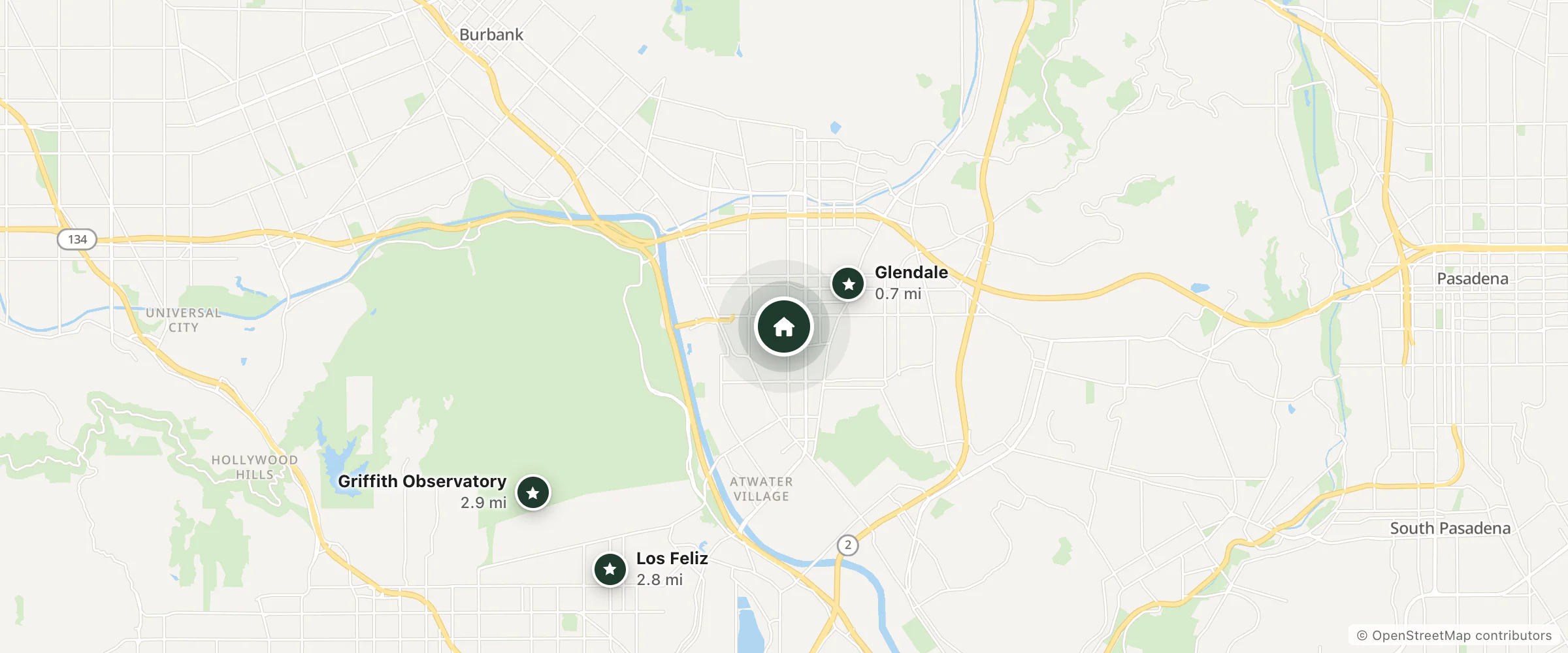 Map of The Langham Gold Coast and nearby Glendale, Los Feliz and Griffith Observatory
