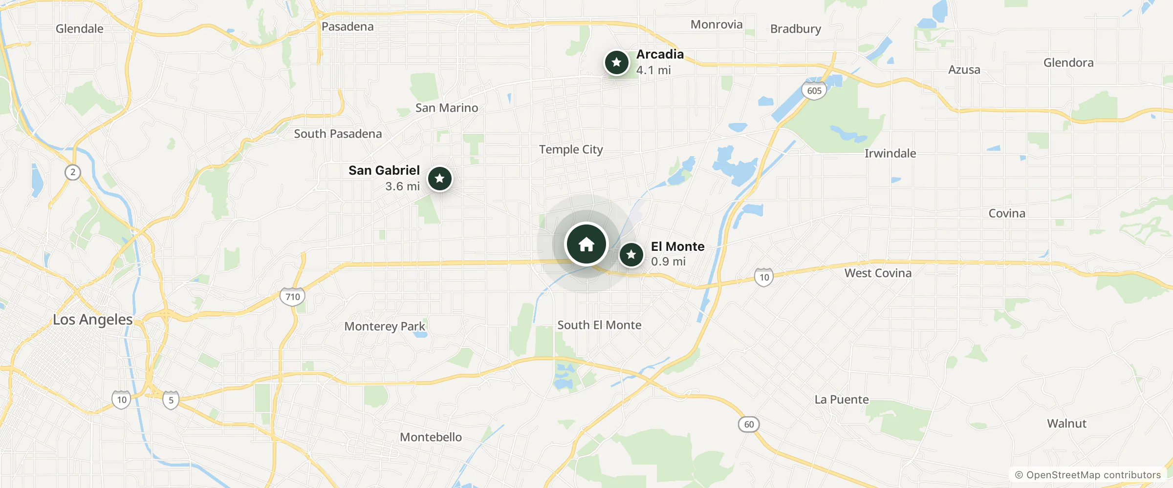 Map of Budget Inn and nearby El Monte, San Gabriel and Arcadia