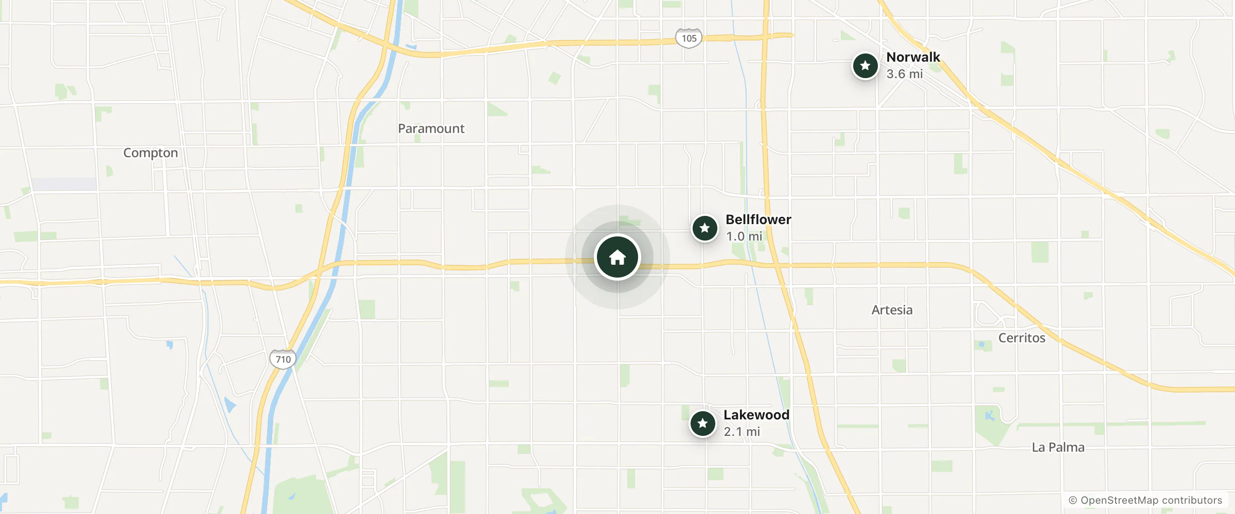 Map of Budget Inn Bellflower and nearby Bellflower, Lakewood and Norwalk