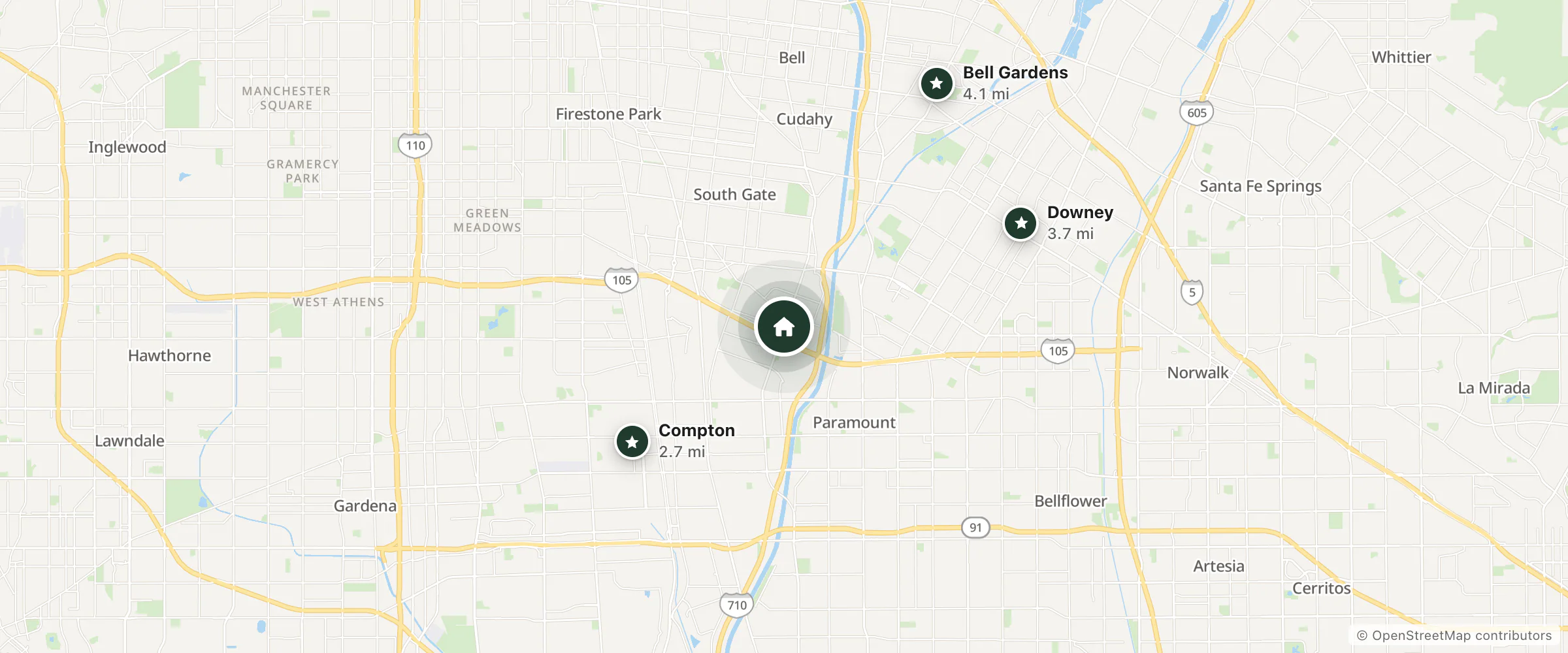 Map of LA SIESTA MOTEL and nearby Compton, Downey and Bell Gardens