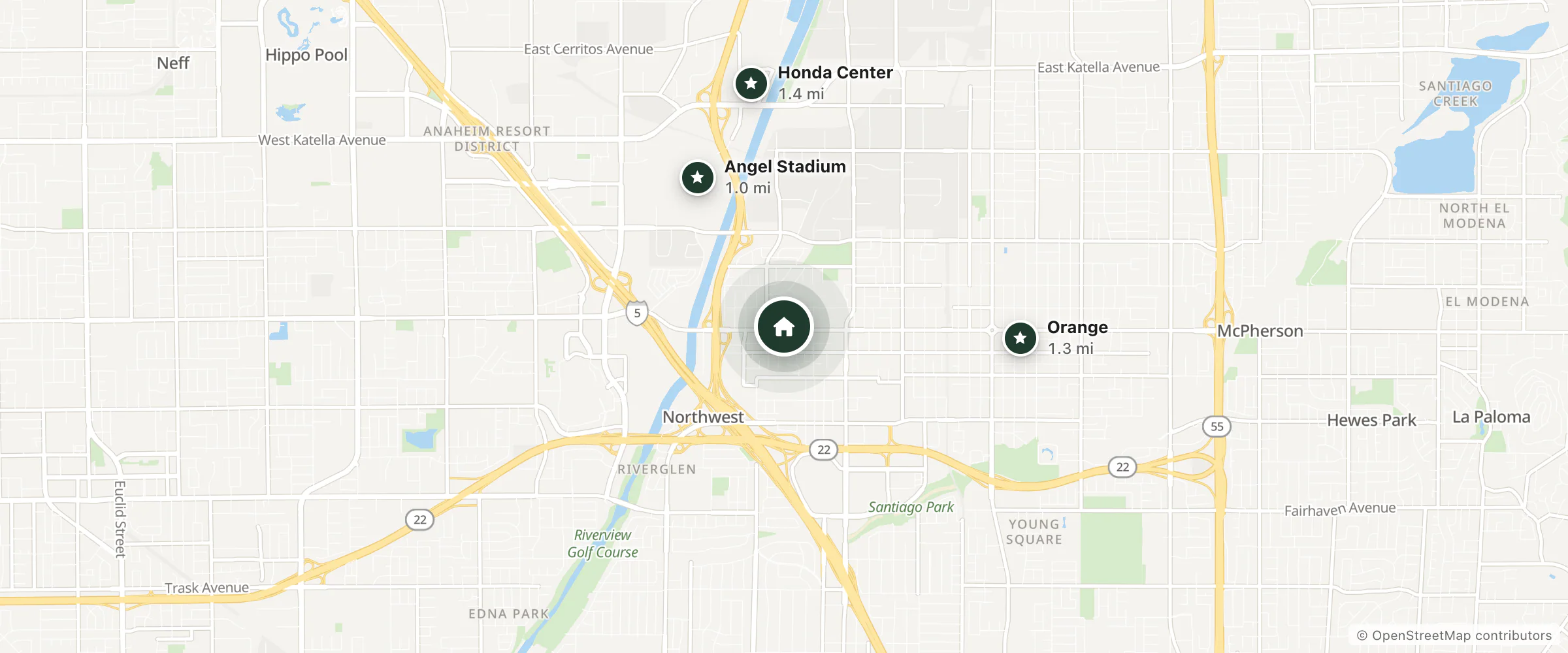 Map of Castaway Motel and nearby Angel Stadium, Orange and Honda Center