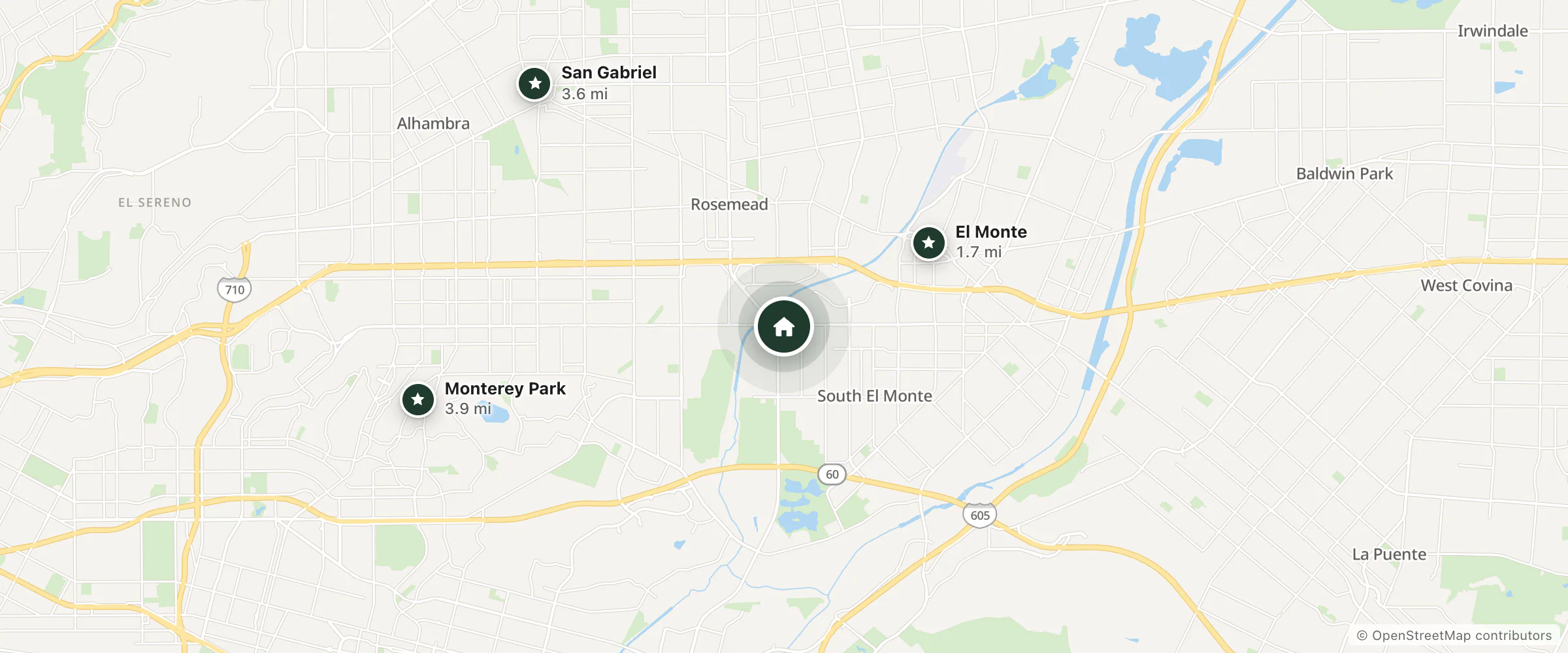 Map of Sunkist Motel and nearby El Monte, San Gabriel and Monterey Park