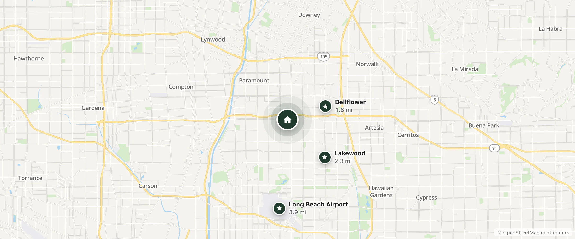 Map of Royalty Inn and nearby Bellflower, Lakewood and Long Beach Airport