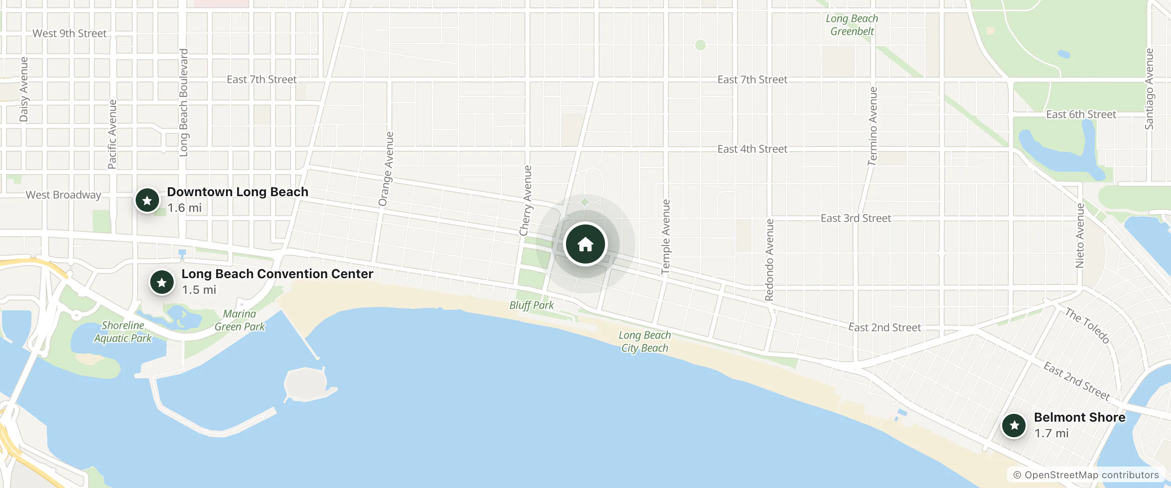 Map of Beachrunners Inn and nearby Long Beach Convention Center, Downtown Long Beach and Belmont Shore