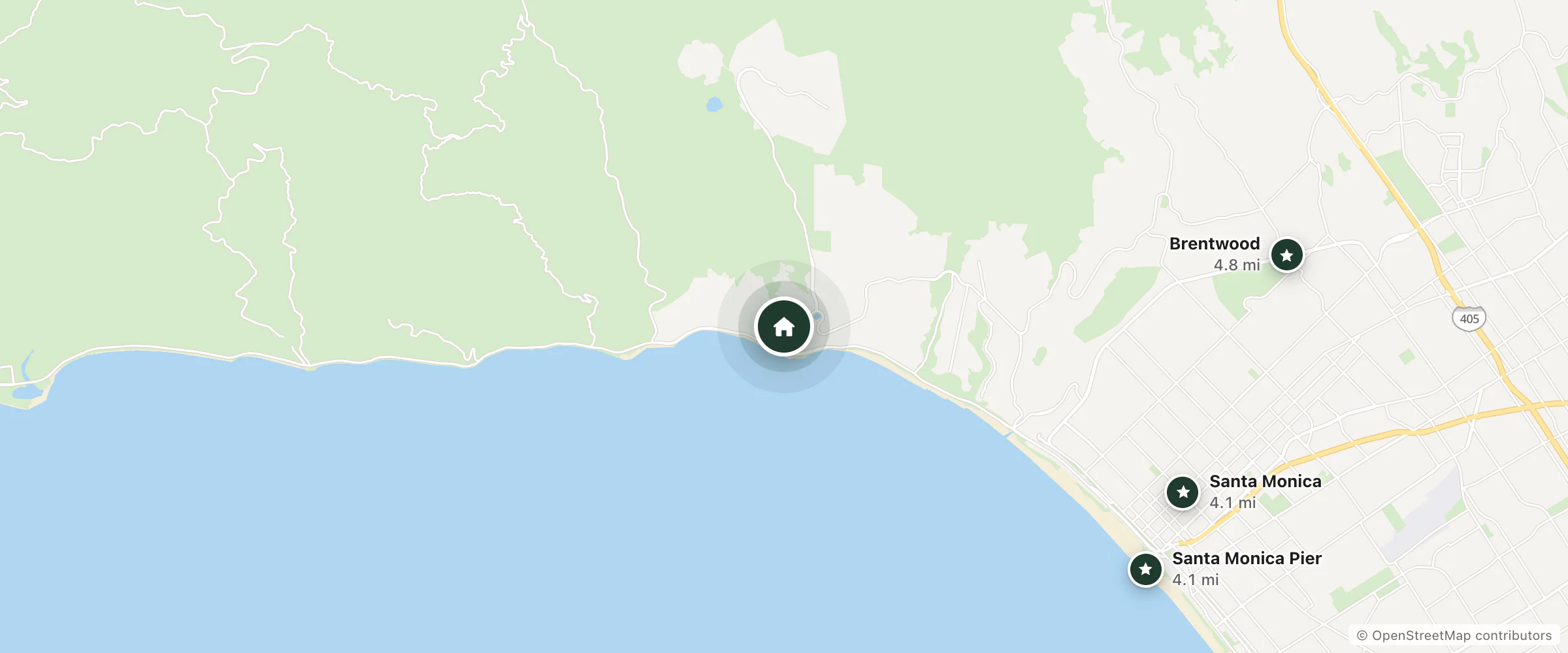 Map of Villa Tramonto and nearby Santa Monica, Santa Monica Pier and Brentwood