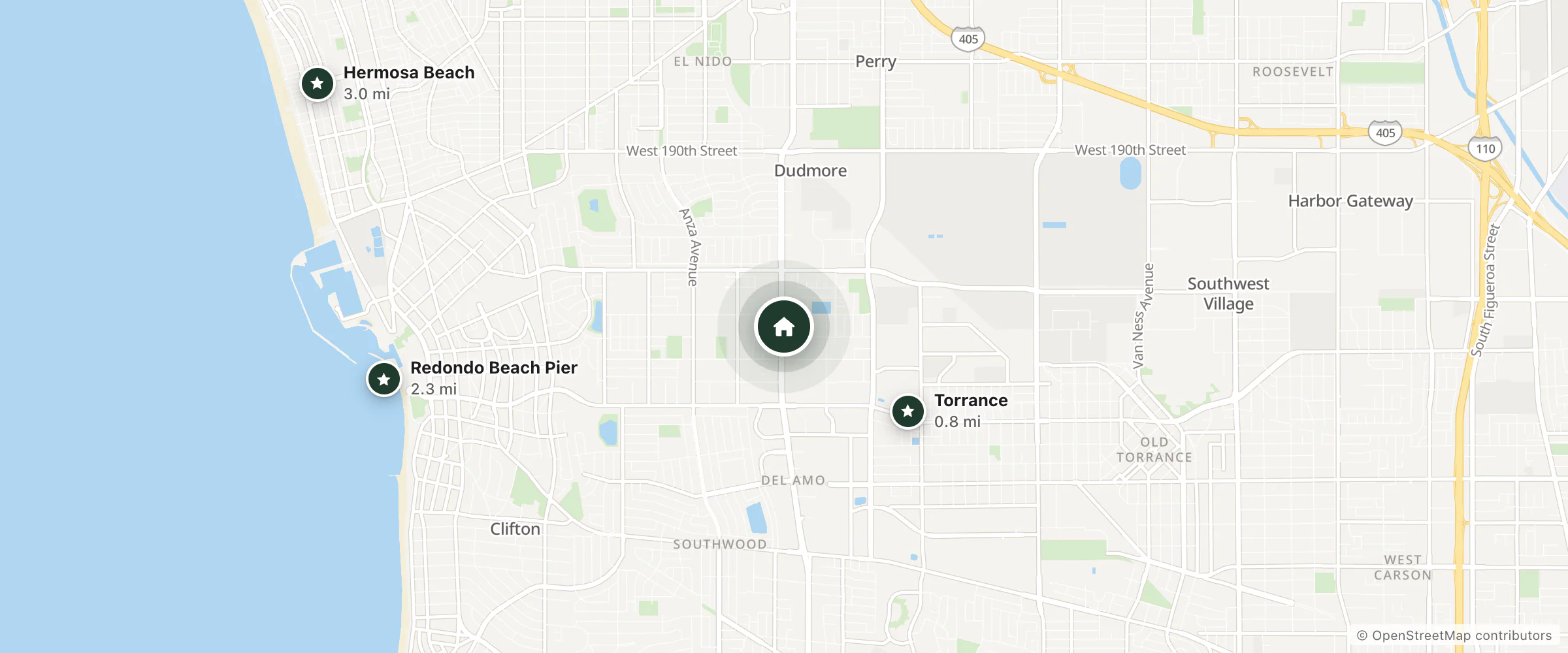 Map of Del Amo Inn and nearby Torrance, Redondo Beach Pier and Hermosa Beach