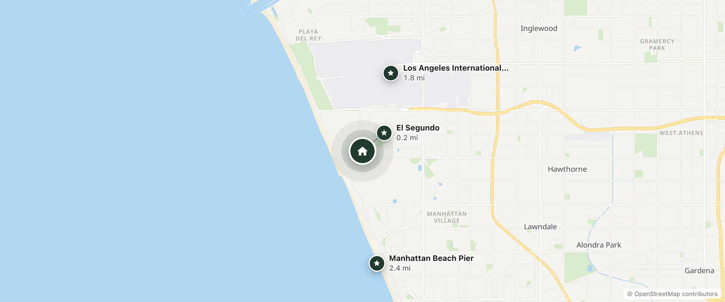 Map of Hotel 2 Twenty One and nearby El Segundo, Los Angeles International Airport and Manhattan Beach Pier