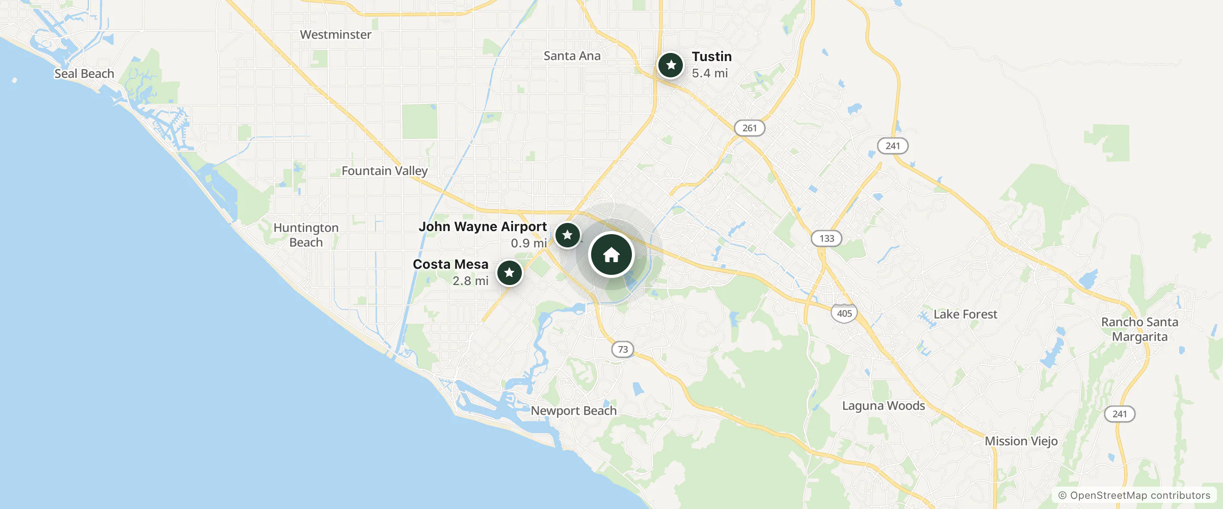 Map of Double Tree Hotel Santa Ana Orange County Airport and nearby John Wayne Airport, Costa Mesa and Tustin
