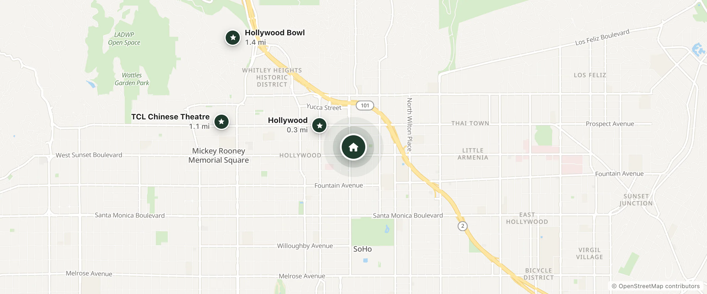 Map of Villa Delle Stelle and nearby Hollywood, TCL Chinese Theatre and Hollywood Bowl
