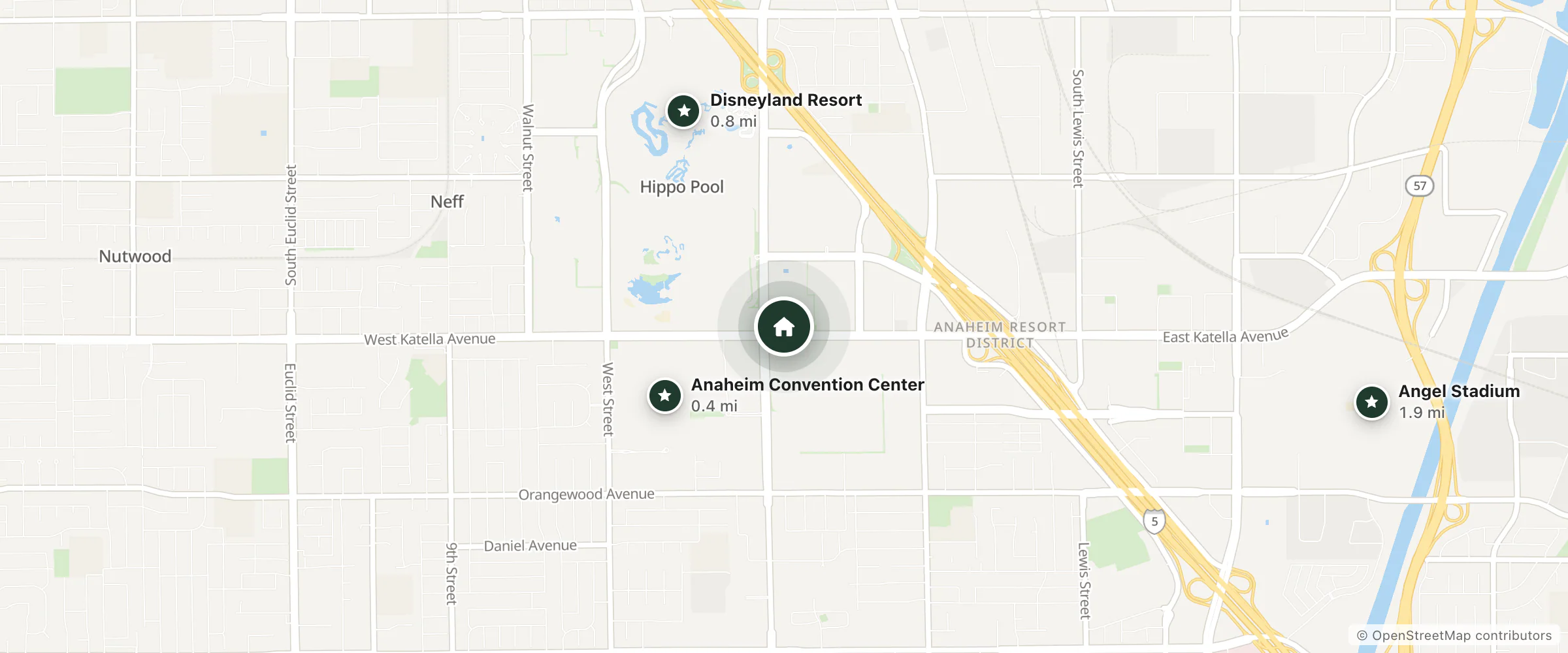 Map of Ramada Plaza Anaheim and nearby Anaheim Convention Center, Disneyland Resort and Angel Stadium