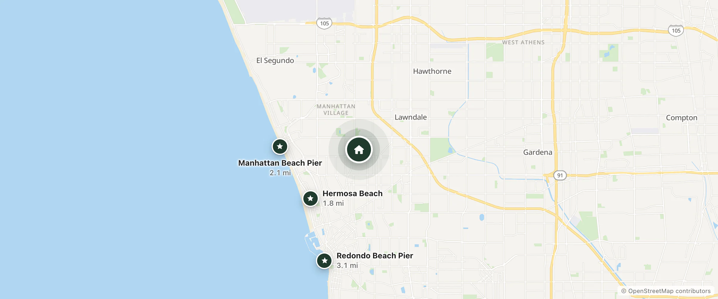 Map of Elite Resorts and Spas and nearby Hermosa Beach, Manhattan Beach Pier and Redondo Beach Pier