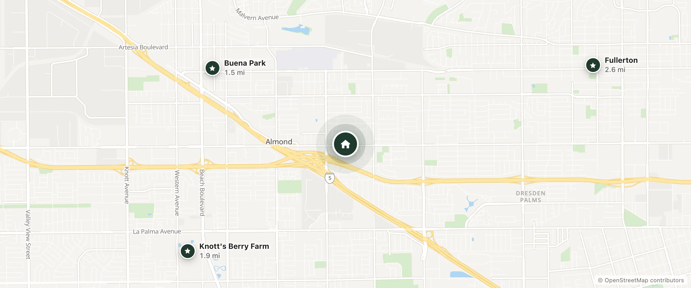 Map of Fullerton Inn and nearby Buena Park, Knott's Berry Farm and Fullerton