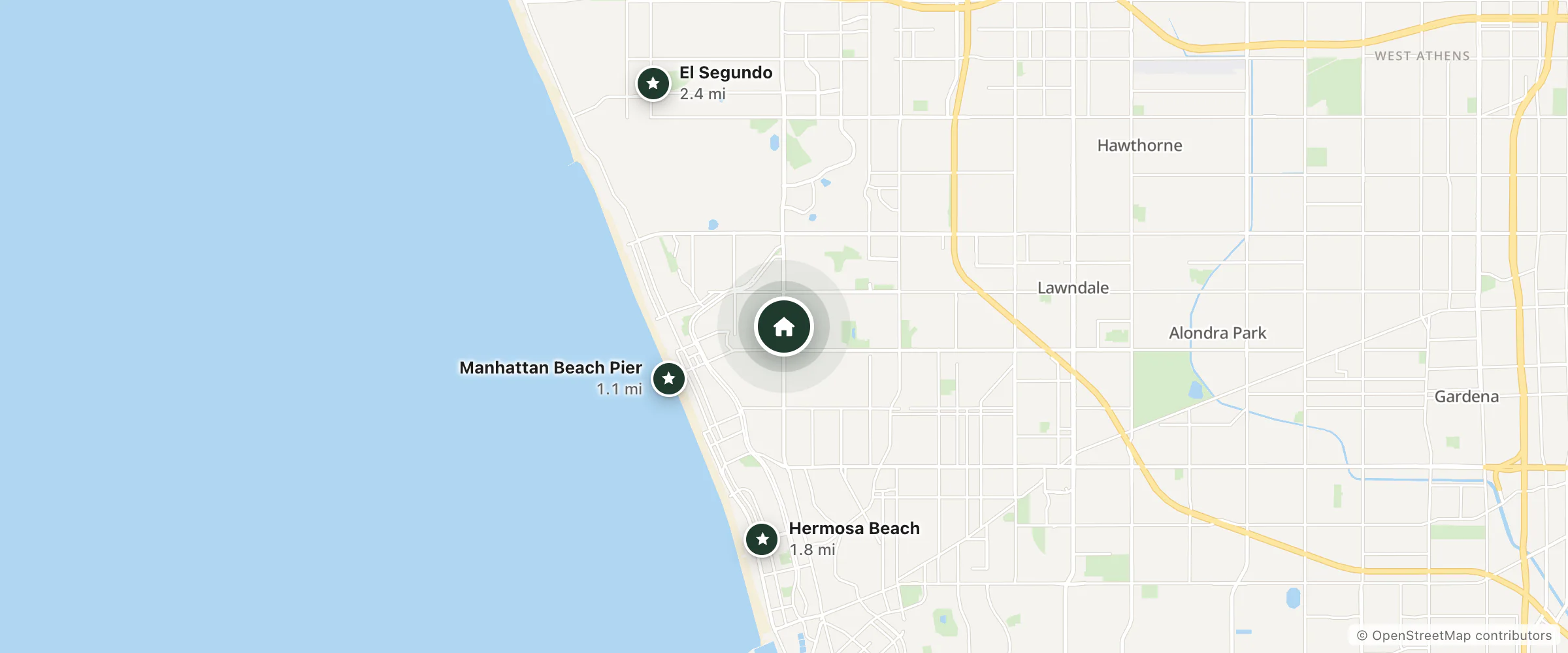 Map of Residence Inn and nearby Manhattan Beach Pier, Hermosa Beach and El Segundo