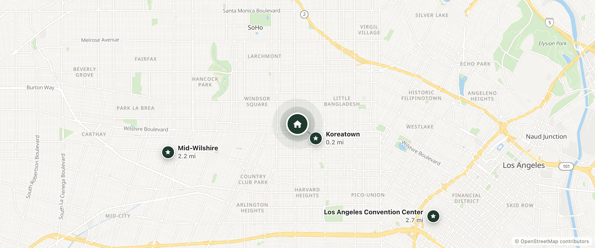 Map of Libra Hotel and nearby Koreatown, Mid-Wilshire and Los Angeles Convention Center