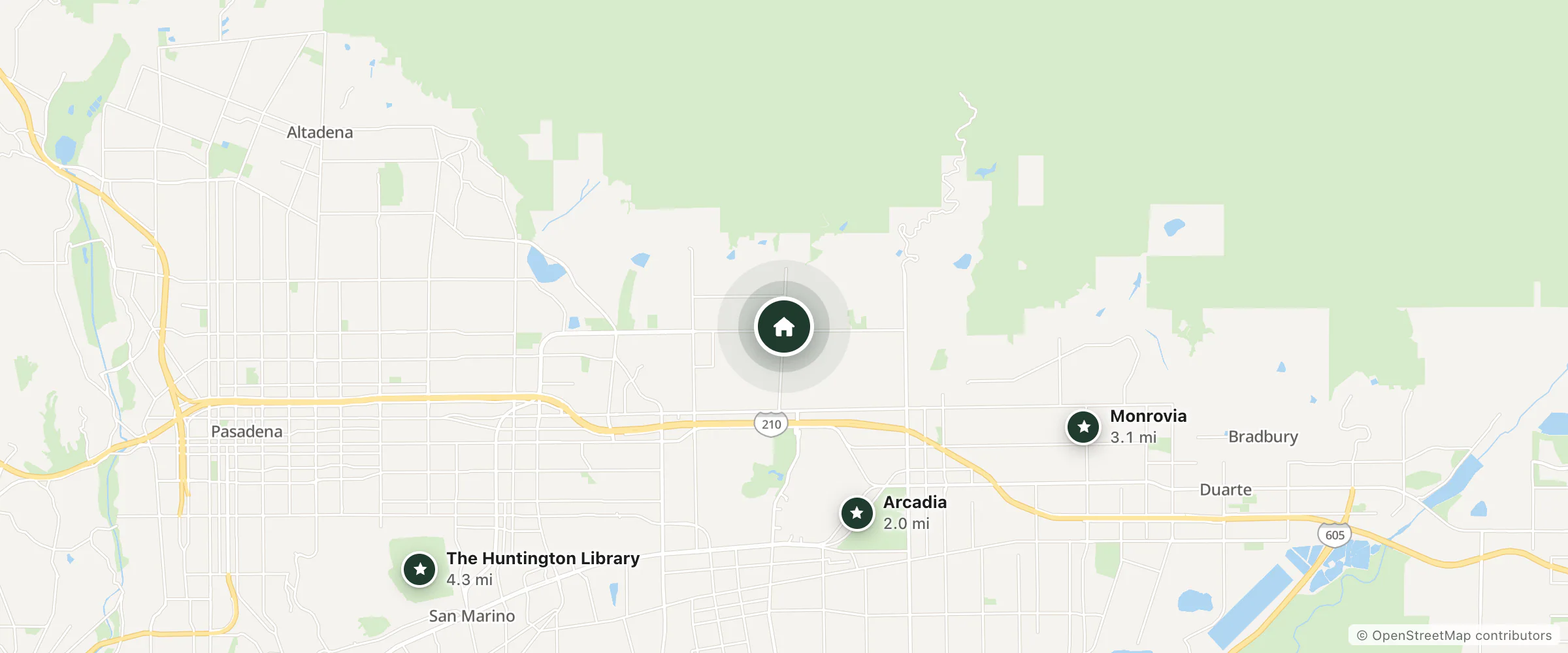 Map of Hotel Shirley and nearby Arcadia, Monrovia and The Huntington Library