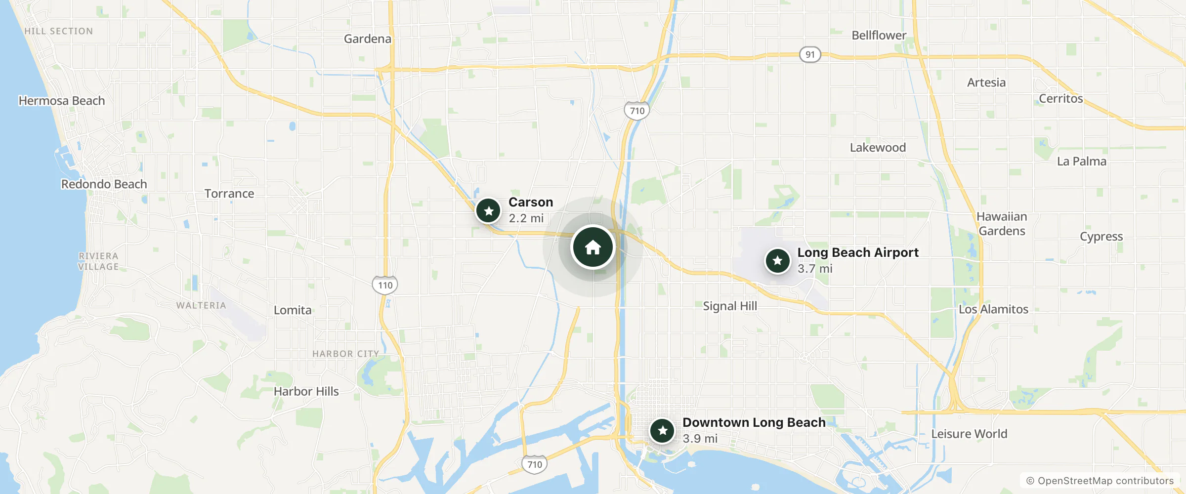 Map of Arlington Motel and nearby Carson, Long Beach Airport and Downtown Long Beach