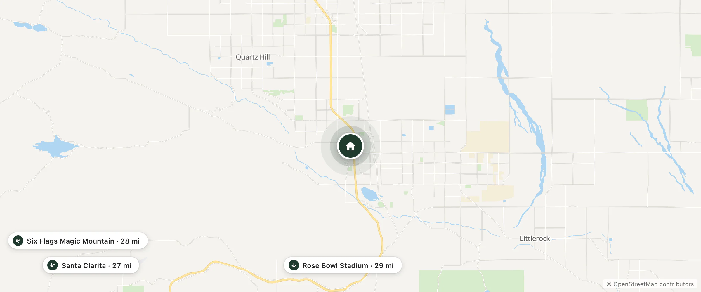 Map of Staybridge Suites Palmdale and nearby Santa Clarita, Six Flags Magic Mountain and Rose Bowl Stadium