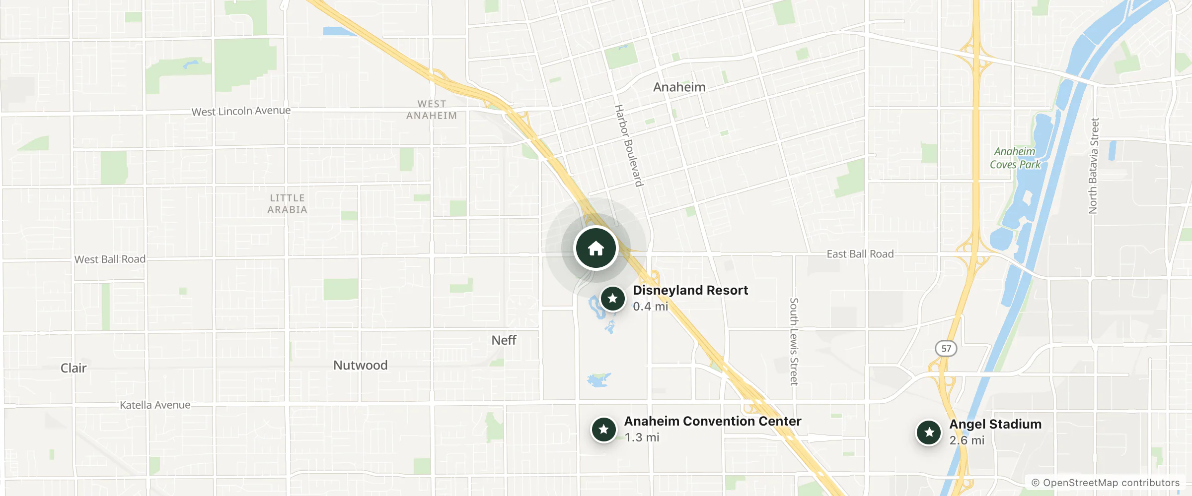 Map of Sheraton Anaheim Hotel and nearby Disneyland Resort, Anaheim Convention Center and Angel Stadium