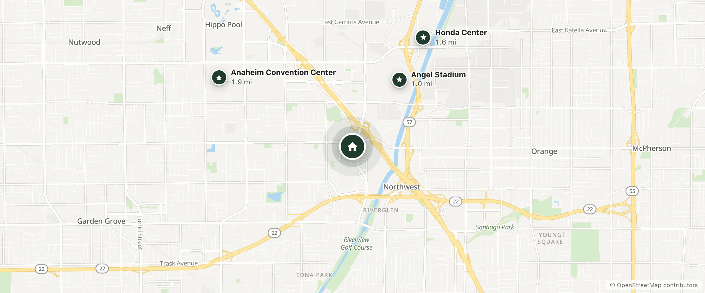 Map of Hotel Fera and nearby Angel Stadium, Honda Center and Anaheim Convention Center