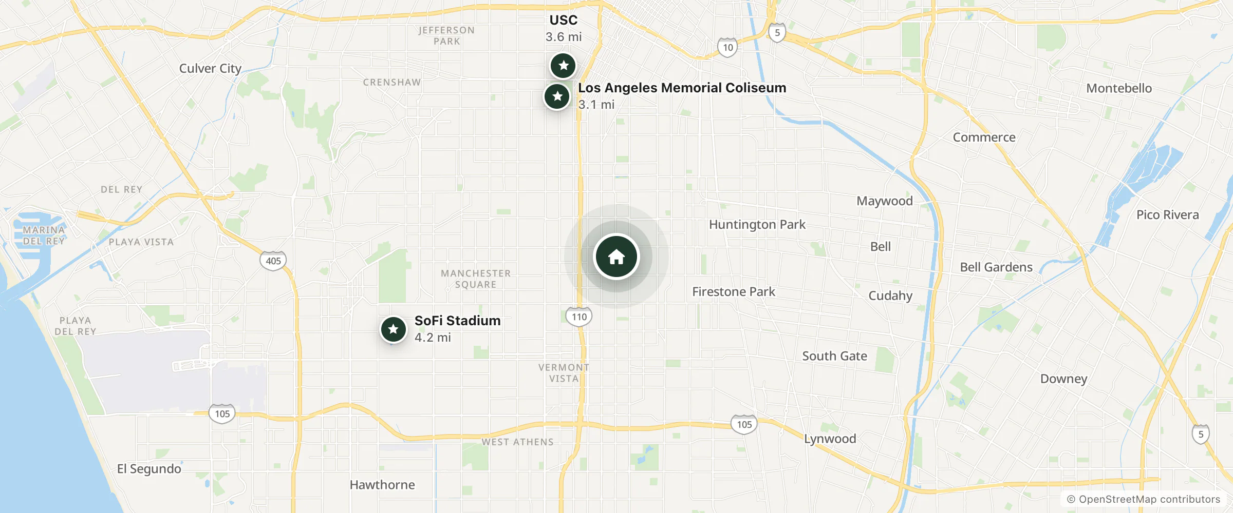 Map of El Rancho Motel and nearby Los Angeles Memorial Coliseum, USC and SoFi Stadium