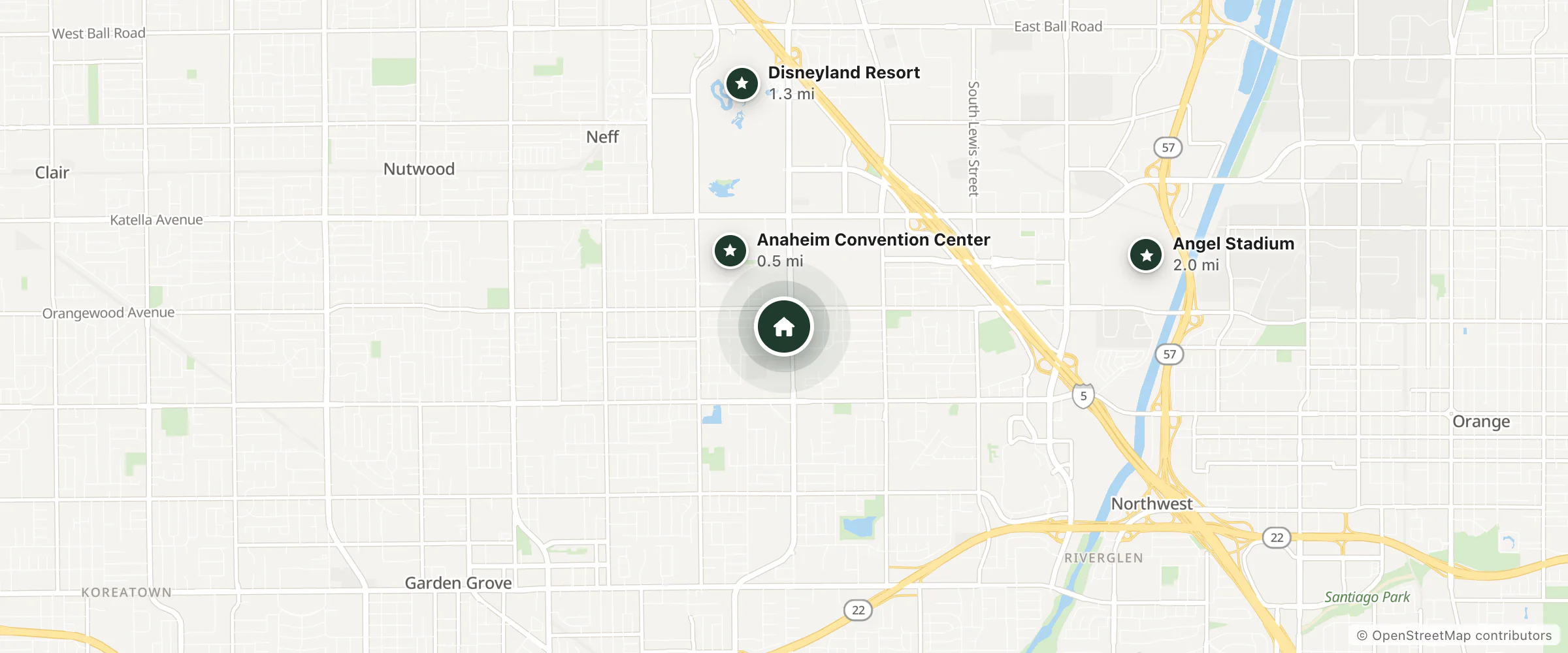 Map of Capri Suites Anaheim and nearby Anaheim Convention Center, Disneyland Resort and Angel Stadium