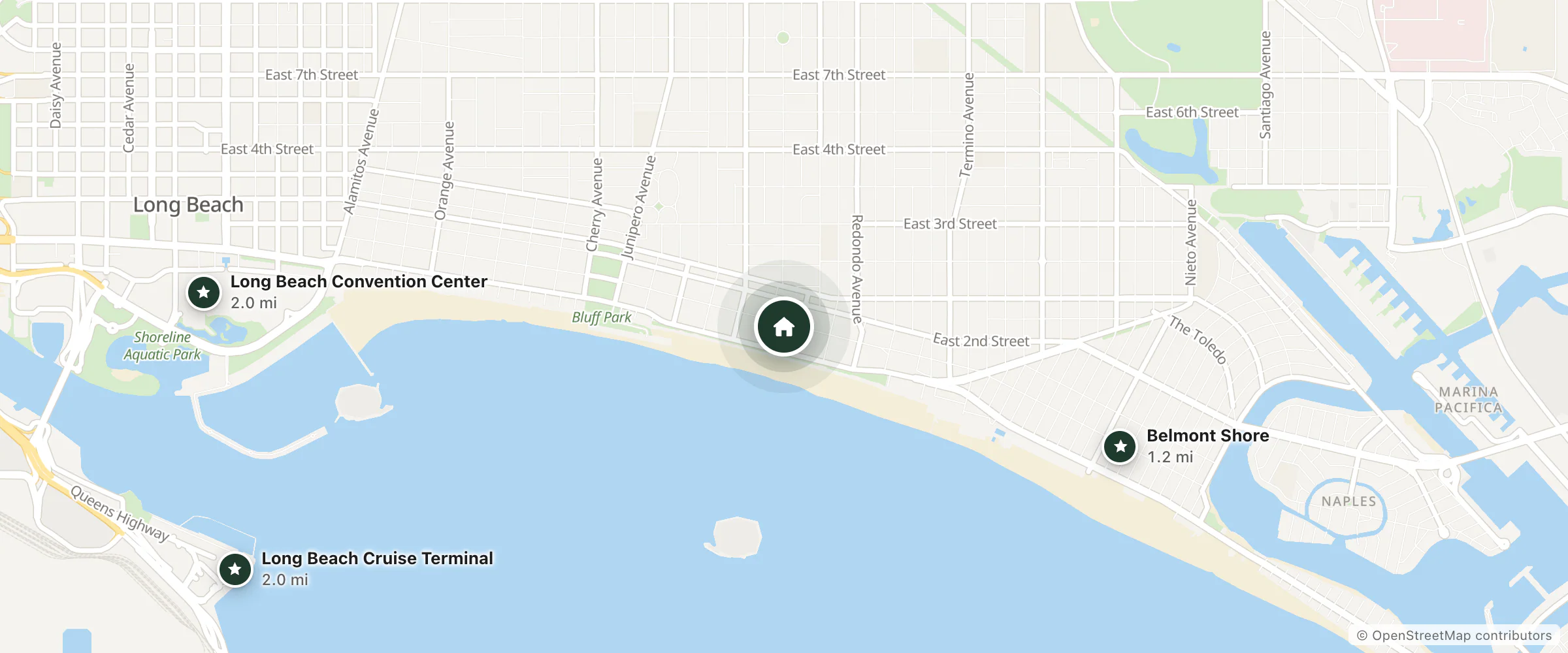 Map of Long Beach Guest House and nearby Belmont Shore, Long Beach Convention Center and Long Beach Cruise Terminal