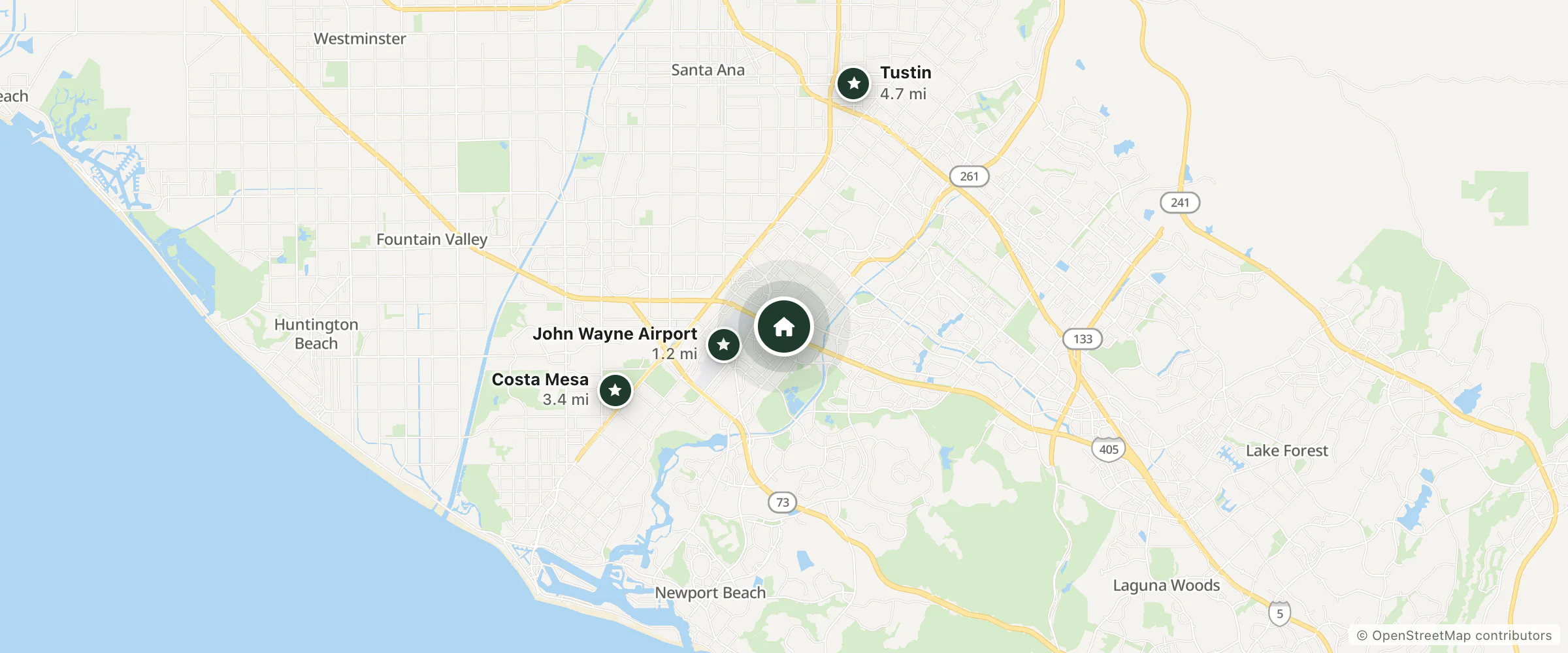 Map of Hilton Garden Inn and nearby John Wayne Airport, Costa Mesa and Tustin