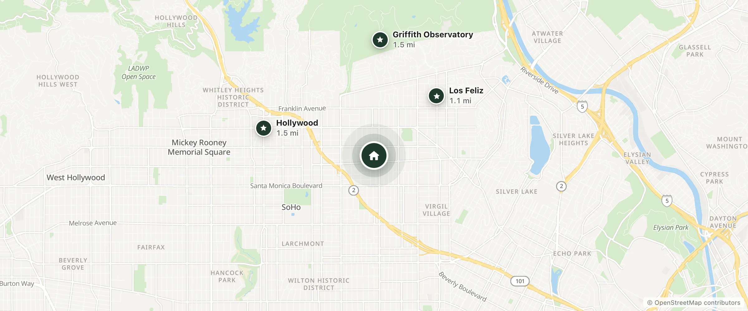 Map of Boutique Hollywood and nearby Los Feliz, Hollywood and Griffith Observatory