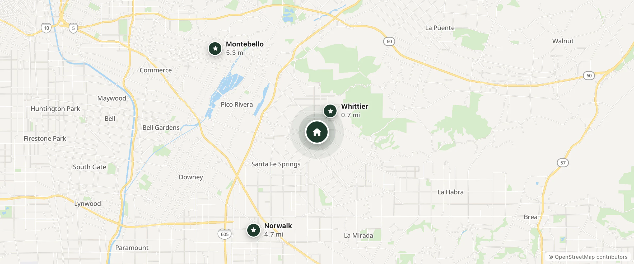 Map of Blue Pacific Motel and nearby Whittier, Norwalk and Montebello